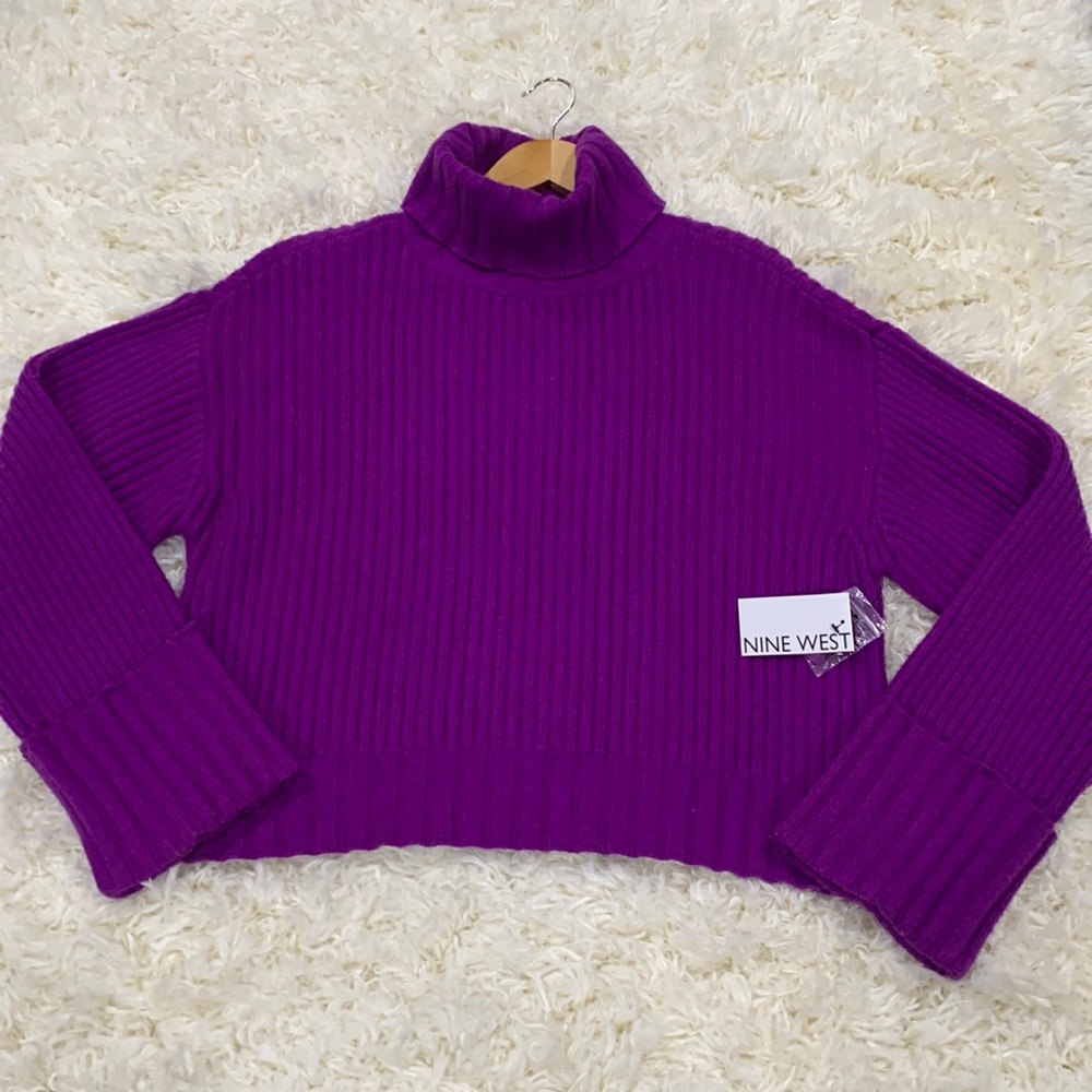 NWT NINE WEST WOOL CROPPED LONG SLEEVE TURTLENECK SWEATER PURPLE - SIZE S